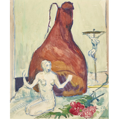 CUNO AMIET : Stillleben mit Frauenfigur, Schinken und Kruzifix (DOBIASCHOFSKY AUKTIONEN AG)