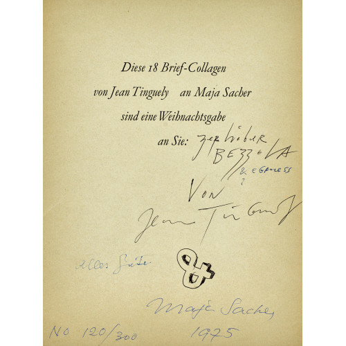 JEAN TINGUELY : 'Diese 18 Brief-Collagen von Jean Tinguely an Maja Sacher sind eine Weihnachtsgabe an Sie'. (DOBIASCHOFSKY AUKTIONEN AG)