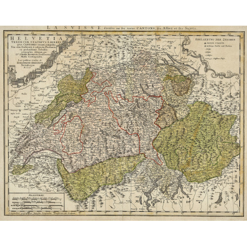 TOBIAS MAYER : 'Helvetia tredecim stratibus liberis quos Cantones vocant composita'. Karte der Schweiz mit Grenz- und Fl�chenkolorit. Von den Wappen der 13 Alten Orte ges�umter Titel oben links, Zeichenerkl�rungen oben rechts, Massst�be unten links. Franz�sischsprachiger Zweittitel am Kopf des Kartenbildes (DOBIASCHOFSKY AUKTIONEN AG)