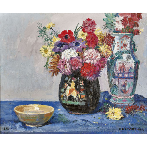 CHARLES L'EPLATTENIER : Tischstillleben mit Gef�ssen und Blumen (DOBIASCHOFSKY AUKTIONEN AG)