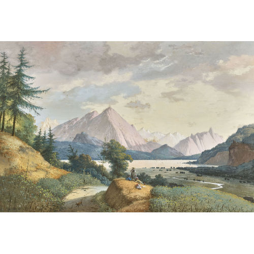 HENDRICK JOHANNES (HENRI) KNIP : B�uerliche Staffage vor Thunersee mit Niesen und Stockhorn (DOBIASCHOFSKY AUKTIONEN AG)