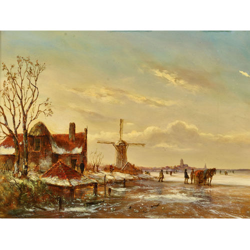 ALEXIS DE LEEUW : Winterlandschaft mit zugefrorenem Fluss und Staffage (DOBIASCHOFSKY AUKTIONEN AG)