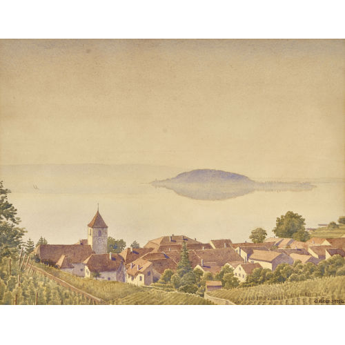 OSKAR BINZ : Blick auf Twann und die St. Petersinsel (DOBIASCHOFSKY AUKTIONEN AG)