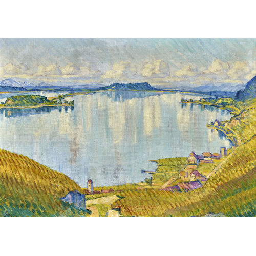 ERNST SAMUEL GEIGER : Ansicht des Bielersees mit Twann und St. Petersinsel (DOBIASCHOFSKY AUKTIONEN AG)