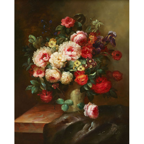 K.S. NICOLAES : �ppiges Stillleben mit Rosen, Schwertlilien und Mohn (DOBIASCHOFSKY AUKTIONEN AG)