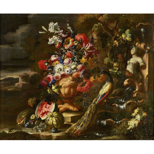 NICOLA CASISSA : Stillleben mit Blumen, Fr�chten und Pfau am Brunnen (DOBIASCHOFSKY AUKTIONEN AG)