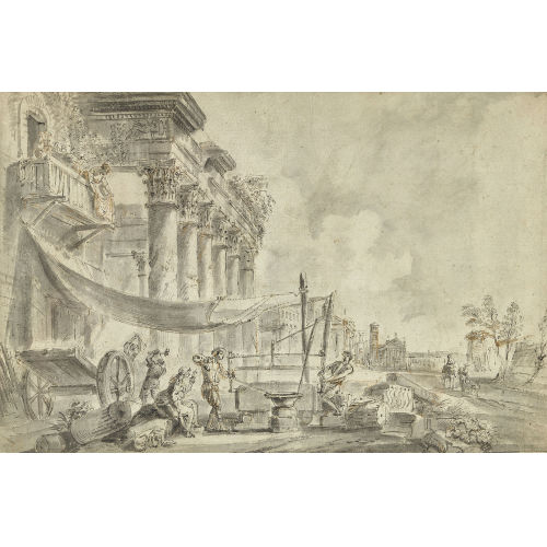 JEAN BAPTISTE LALLEMAND : Capriccio mit italienischer Stadt und Steinmetzen (DOBIASCHOFSKY AUKTIONEN AG)