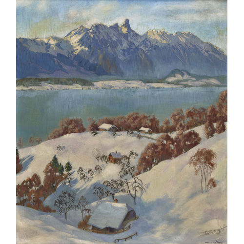 MARCUS JACOBI : Winterlicher Thunersee mit Stockhorn (DOBIASCHOFSKY AUKTIONEN AG)