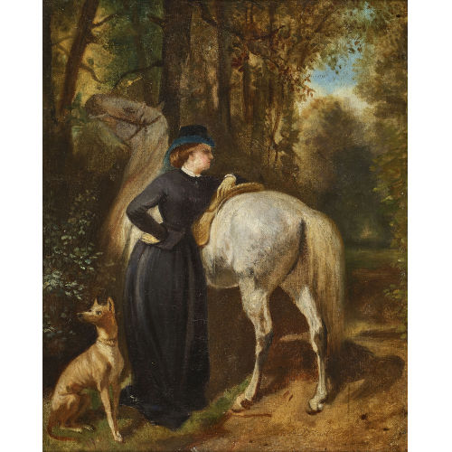 ALFRED (AUCH DE DREUX DEDREUX : Dame mit Pferd und Jagdhund auf einem Waldweg (DOBIASCHOFSKY AUKTIONEN AG)