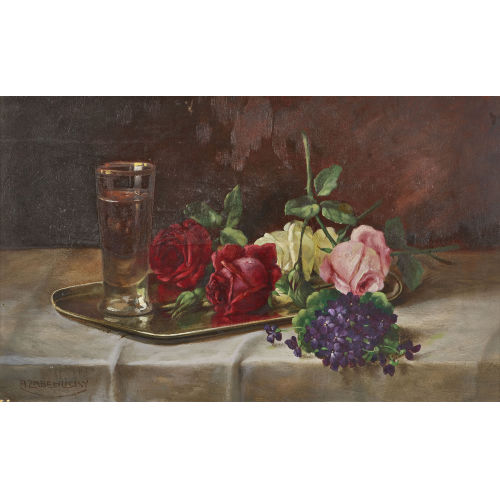 ALOIS ZABEHLICKY : Stillleben mit Rosen, Veilchen und Glas (DOBIASCHOFSKY AUKTIONEN AG)