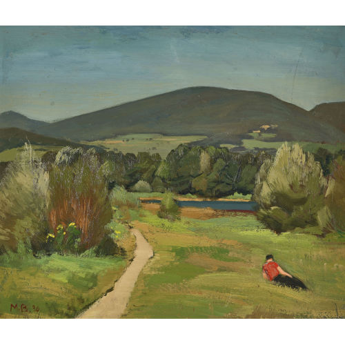 MAX BURGMEIER : Landschaft mit Feldweg und liegendem Mann (DOBIASCHOFSKY AUKTIONEN AG)
