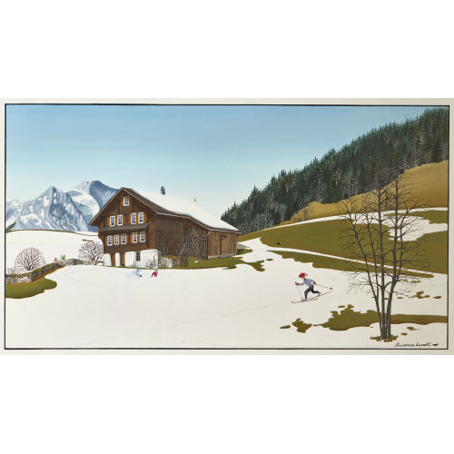 SUSANNA KURATLI : Skifahrer und Kinder bei der Schneeballschlacht (DOBIASCHOFSKY AUKTIONEN AG)