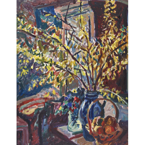 ADOLF WEBER : Stillleben mit Forsythienzweigen und Fr�chtekorb (DOBIASCHOFSKY AUKTIONEN AG)