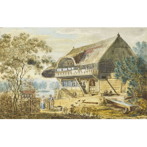 19. JH. SCHWEIZ : Bauernhaus am Seeufer mit Staffage (DOBIASCHOFSKY AUKTIONEN AG)