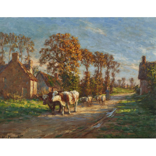 F�LIX PLANQUETTE : Sonnige Dorfstrasse mit Kuhherde (DOBIASCHOFSKY AUKTIONEN AG)