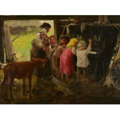 IVAN ALEKSEEVICH VLADIMIROV : Scheuneninterieur mit Familie am Klavier (DOBIASCHOFSKY AUKTIONEN AG)