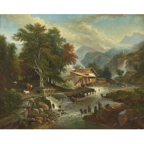 ANNE MARIE IXIA DUTES : Berglandschaft mit Bach und Bauernhaus (DOBIASCHOFSKY AUKTIONEN AG)