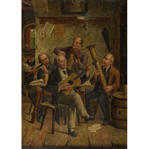 WILHELM FRIEDRICH GIESSEL : Wirtshausszene mit Musikquartett (DOBIASCHOFSKY AUKTIONEN AG)