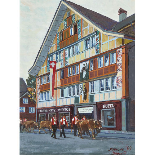 FEDERICO STARNONE : Bauern in der Tracht mit K�hen vor dem Hotel Appenzell am Appenzeller Landsgemeindeplatz (DOBIASCHOFSKY AUKTIONEN AG)