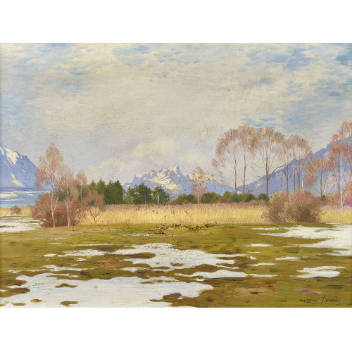MARCUS JACOBI : Vorfr�hling am Thunersee mit Stockhornkette (DOBIASCHOFSKY AUKTIONEN AG)