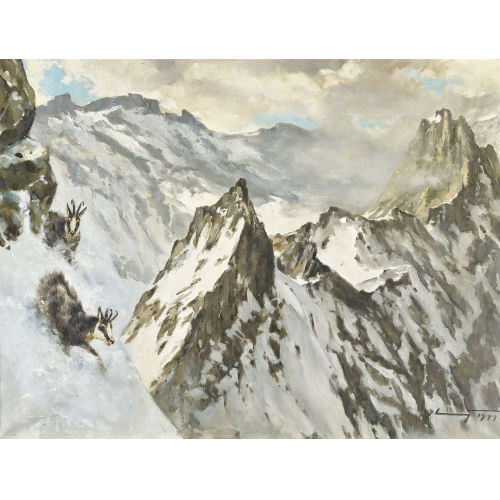 HANNES LIEDERLEY : Winterliche Gebirgslandschaft mit Gemsen (DOBIASCHOFSKY AUKTIONEN AG)