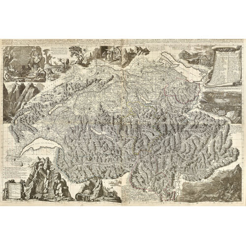 JOHANN JAKOB SCHEUCHZER : 'Nova Helvetiae Tabula Geographica Illustrissimis et Potentissimis Cantonibus et Rebuspublicis Reformatae Religionis Tigurinae. Bernensi. Glaronensi. Basiliensi. Scaphusianae. Abbatiscellanae. Dominis suis Clementissimis humillim dicata A Ioh. Iacobo Scheuchzeri Tigurino Med: D: Math: Prof. 1712'. (DOBIASCHOFSKY AUKTIONEN AG)