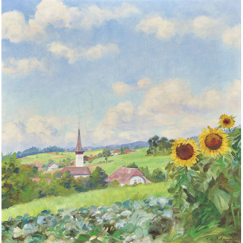 KARL ANNELER : Sommerliches Wichtrach mit Sonnenblumen und Kirche (DOBIASCHOFSKY AUKTIONEN AG)