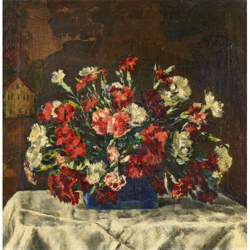 FRANK LOUIS BEHRENS : Nelkenstrauss in blauer Vase (DOBIASCHOFSKY AUKTIONEN AG)