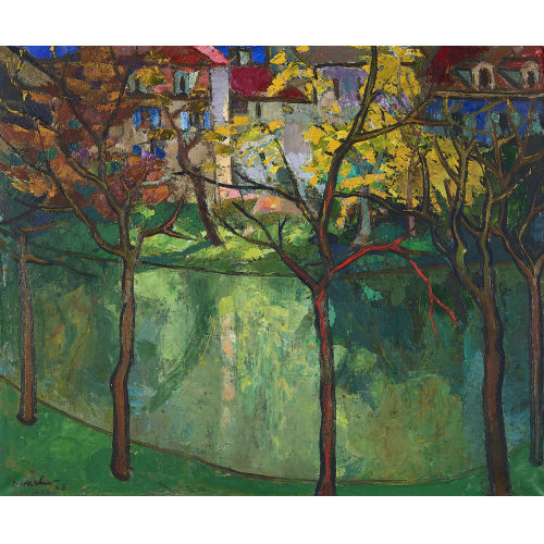20. JH. SCHWEIZ : Herbstlandschaft mit Fluss, B�umen und H�usern (DOBIASCHOFSKY AUKTIONEN AG)