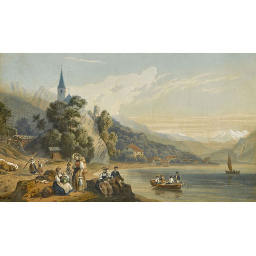 ISIDORE LAURENT DEROY : Kirche von Brienz mit Trachtenleuten (DOBIASCHOFSKY AUKTIONEN AG)