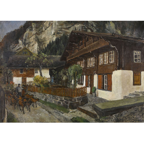 VICTOR SURBEK : Dorfpartie im Berner Oberland mit Ziegenherde (DOBIASCHOFSKY AUKTIONEN AG)