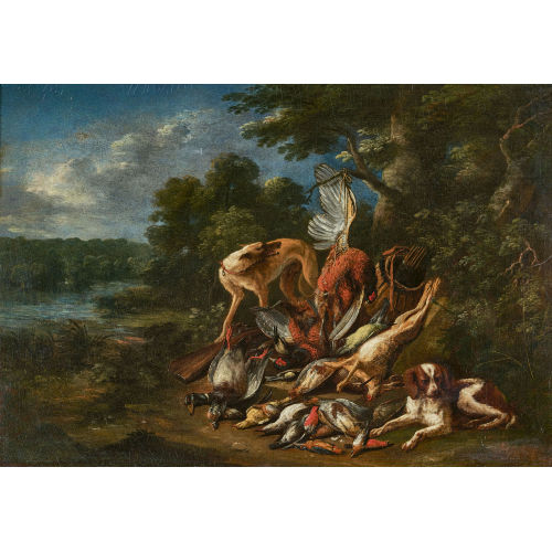 ADRIAEN DE GRIJEF : Zwei Jagdhunde mit Federvieh und Hase in der Landschaft (DOBIASCHOFSKY AUKTIONEN AG)