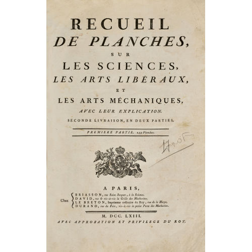 DENIS DIDEROT : 'Receuil de Planches sur les Sciences, les Arts liberaux et les Arts m�chaniques avec leur explication' (DOBIASCHOFSKY AUKTIONEN AG)