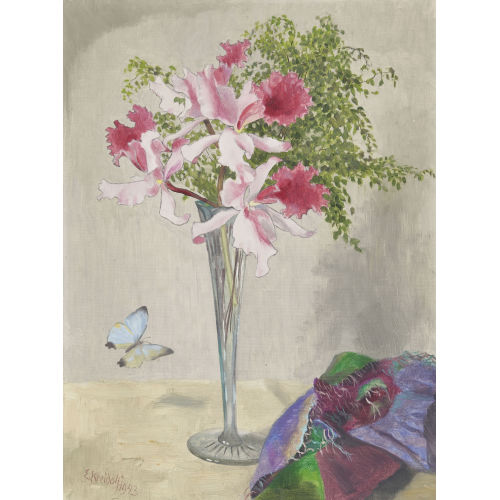 ERNST KREIDOLF : Stillleben mit Cattleya-Orchideen und Schmetterling (DOBIASCHOFSKY AUKTIONEN AG)