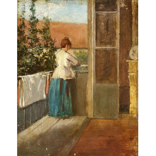 19./20. JH. FRANKREICH : Dame beim Aufh�ngen der W�sche auf dem Balkon (DOBIASCHOFSKY AUKTIONEN AG)