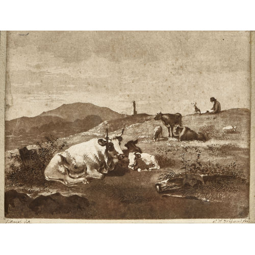 CARL AUGUST WIZANI : Landschaft mit Khen, Schafen, Hirte und Hund (DOBIASCHOFSKY AUKTIONEN AG)