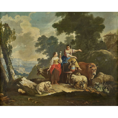 NICOLAES PIETERSZ. BERCHEM : Italienische Ideallandschaft mit Hirten und Sch�ferin mit Flachsspindel (DOBIASCHOFSKY AUKTIONEN AG)