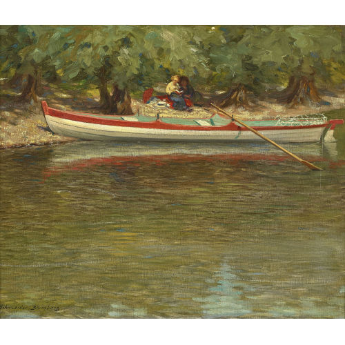 BERNHARD SCHNEIDER-BLUMBERG : Zwei lesende Damen mit Ruderboot am Ufer (DOBIASCHOFSKY AUKTIONEN AG)