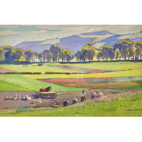 CHRISTIAN BAUMGARTNER : Sommerliche Feldlandschaft mit Bauern bei der Ernte (DOBIASCHOFSKY AUKTIONEN AG)