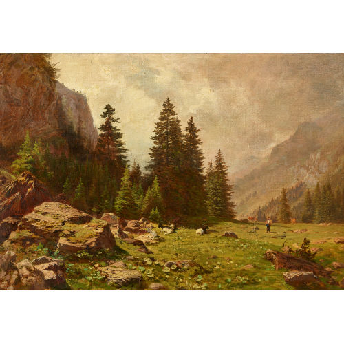 JOHANN JOSEPH GEISSER : Ziegenherde mit Hirtin auf der Alp (DOBIASCHOFSKY AUKTIONEN AG)