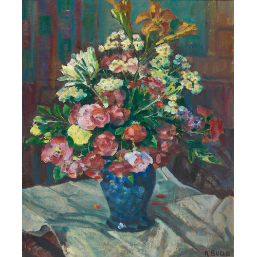 RAYMOND BUCHS : Blumenbouquet in blauer Vase (DOBIASCHOFSKY AUKTIONEN AG)