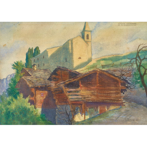 CHARLES-CLOS OLSOMMER : Walliser Dorf mit Kirche (DOBIASCHOFSKY AUKTIONEN AG)