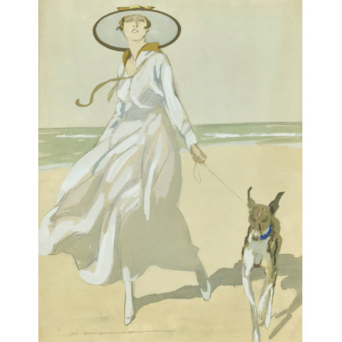 MARCELLO DUDOVICH : Elegante Dame mit Hut und Hund am Strand (DOBIASCHOFSKY AUKTIONEN AG)