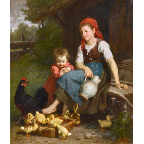 RUDOLF EPP : Zwei Bauernkinder mit Henne und Entenk�ken (DOBIASCHOFSKY AUKTIONEN AG)