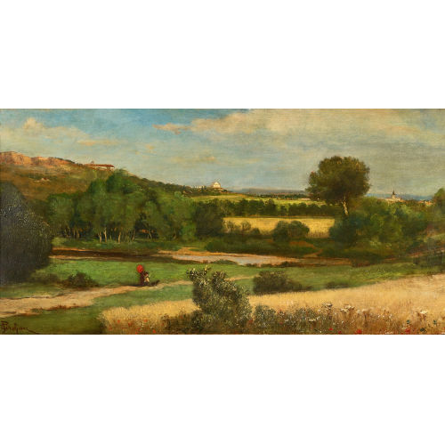 EMIL II PIRCHAN : Sommerliche Feldlandschaft mit Frau, Kind und Hund (DOBIASCHOFSKY AUKTIONEN AG)