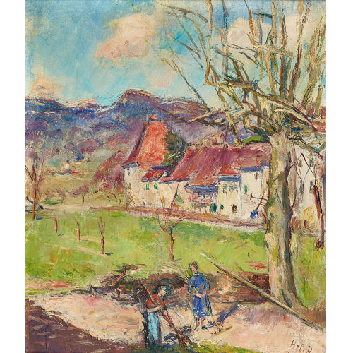 IDA HELENE ROTH : Herbstlandschaft mit zwei Frauen beim Laub rechen (DOBIASCHOFSKY AUKTIONEN AG)
