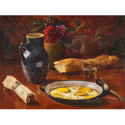 LOUISE BELLANGER : Stillleben mit Spiegeleiern, Baguette, Krug und Blumen (DOBIASCHOFSKY AUKTIONEN AG)