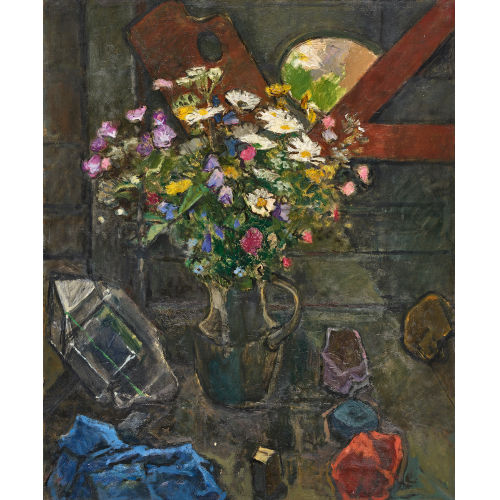 VICTOR SURBEK : Stillleben mit Malerpalette und Wiesenblumen im Krug (DOBIASCHOFSKY AUKTIONEN AG)