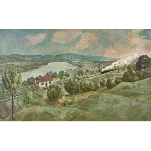 VICTOR SURBEK : Aareufer mit Dampflokomotive (DOBIASCHOFSKY AUKTIONEN AG)