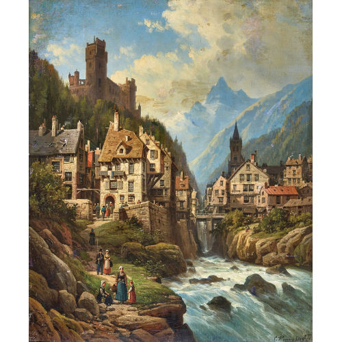 CHARLES EUPHRASIE KUWASSEG : Berglandschaft mit Stadt am Fluss (DOBIASCHOFSKY AUKTIONEN AG)